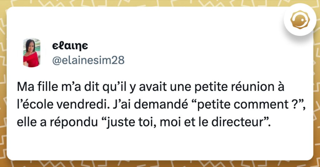 Tweet de @elainesim28 : "Ma fille m’a dit qu’il y avait une petite réunion à l’école vendredi. J’ai demandé “petite comment ?”, elle a répondu “juste toi, moi et le directeur”."