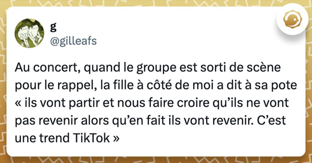 Tweet de @gilleafs : "Au concert, quand le groupe est sorti de scène pour le rappel, la fille à côté de moi a dit à sa pote « ils vont partir et nous faire croire qu’ils ne vont pas revenir alors qu’en fait ils vont revenir. C’est une trend TikTok »"