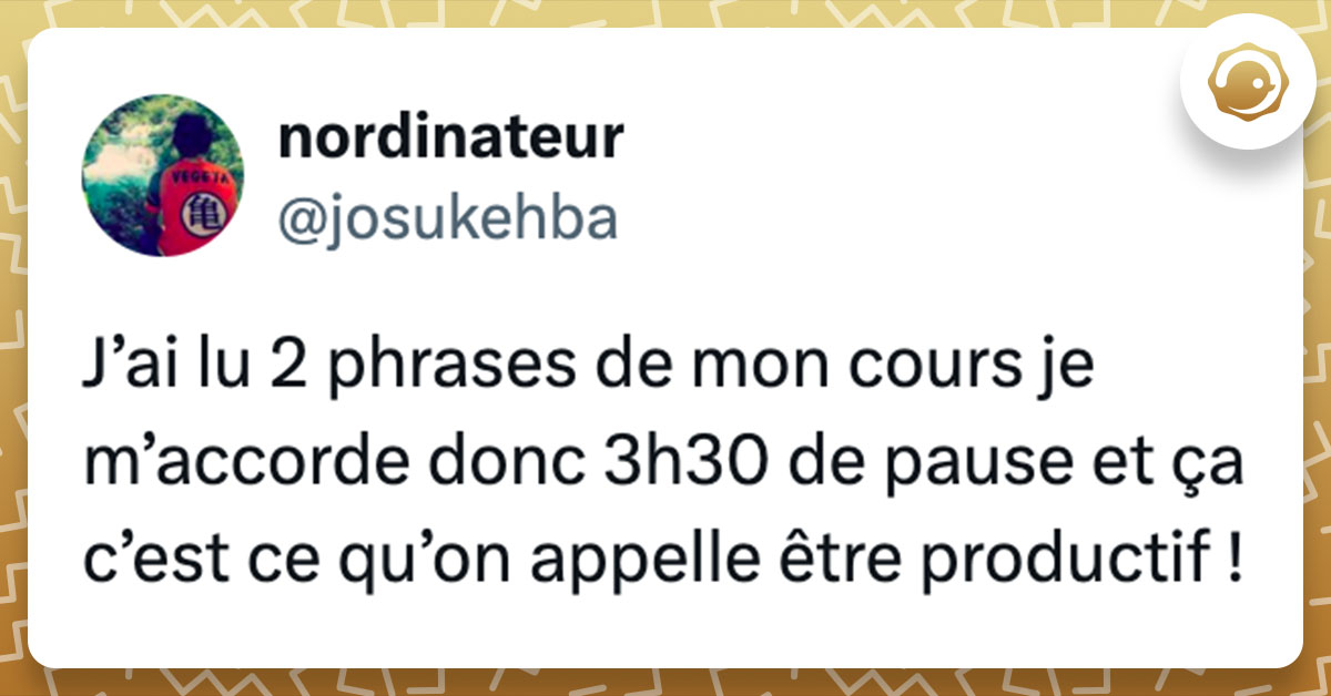 Tweet de @josukehba : "J’ai lu 2 phrases de mon cours je m’accorde donc 3h30 de pause et ça c’est ce qu’on appelle être productif !"