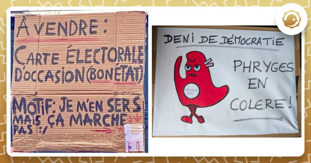 Photos de deux pancartes, une disant "À vendre : carte électorale d'occasion (bon état). Motif : je m'en sers mais ça marche pas" et une autre disant "Déni de démocratie, Phryges en colère" avec à côté un dessin de la mascotte des JO.