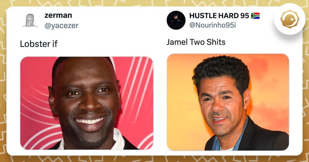 Jeu de mots sur les noms des deux acteurs Omar Sy et Jamel Debbouze, transformés respectivement en Lobster If et Jamel Two Shits.