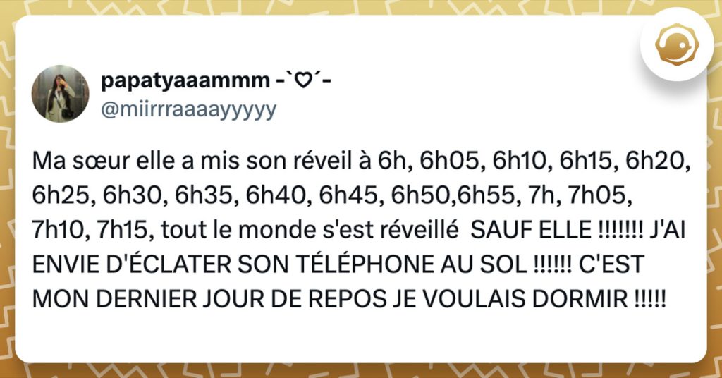 Tweet de @miirrraaaayyyyy : "Ma sœur elle a mis son réveil à 6h, 6h05, 6h10, 6h15, 6h20, 6h25, 6h30, 6h35, 6h40, 6h45, 6h50,6h55, 7h, 7h05, 7h10, 7h15, tout le monde s'est réveillé SAUF ELLE !!!!!!! J'AI ENVIE D'ÉCLATER SON TÉLÉPHONE AU SOL !!!!!! C'EST MON DERNIER JOUR DE REPOS JE VOULAIS DORMIR !!!!!"