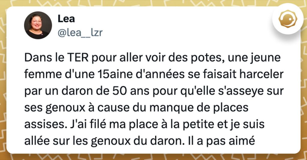 Tweet de @lea__lzr : "Dans le TER pour aller voir des potes, une jeune femme d'une 15aine d'années se faisait harceler par un daron de 50 ans pour qu'elle s'asseye sur ses genoux à cause du manque de places assises. J'ai filé ma place à la petite et je suis allée sur les genoux du daron. Il a pas aimé"