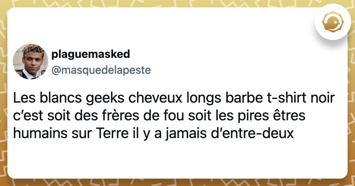 @masquedelapeste Les blancs geeks cheveux longs barbe t-shirt noir c’est soit des frères de fou soit les pires êtres humains sur Terre il y a jamais d’entre-deux