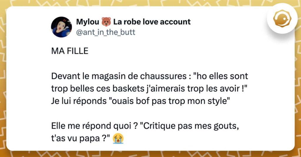 @ant_in_the_butt MA FILLE Devant le magasin de chaussures : "ho elles sont trop belles ces baskets j'aimerais trop les avoir !" Je lui réponds "ouais bof pas trop mon style" Elle me répond quoi ? "Critique pas mes gouts, t'as vu papa ?" 😭