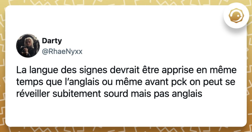 @RhaeNyxx La langue des signes devrait être apprise en même temps que l’anglais ou même avant pck on peut se réveiller subitement sourd mais pas anglais