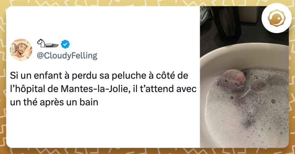 @CloudyFelling Si un enfant à perdu sa peluche à côté de l’hôpital de Mantes-la-Jolie, il t’attend avec un thé après un bain