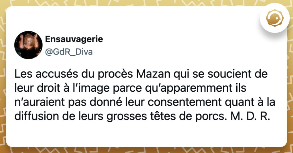 @GdR_Diva Les accusés du procès Mazan qui se soucient de leur droit à l’image parce qu’apparemment ils n’auraient pas donné leur consentement quant à la diffusion de leurs grosses têtes de porcs. M. D. R.