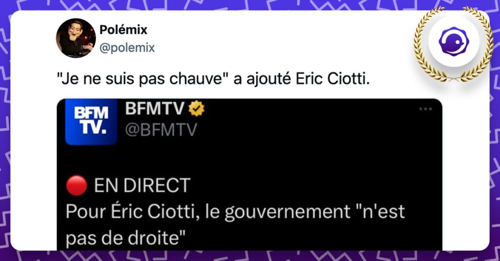 @BFMTV Pour Eric Ciotti, le gouvernement "n'est pas de droite" @polemix "Je ne suis pas chauve" a ajouté Eric Ciotti.