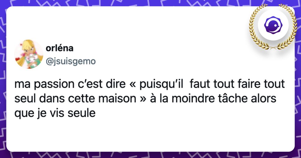 @jsuisgemo ma passion c’est dire « puisqu’il faut tout faire tout seul dans cette maison » à la moindre tâche alors que je vis seule