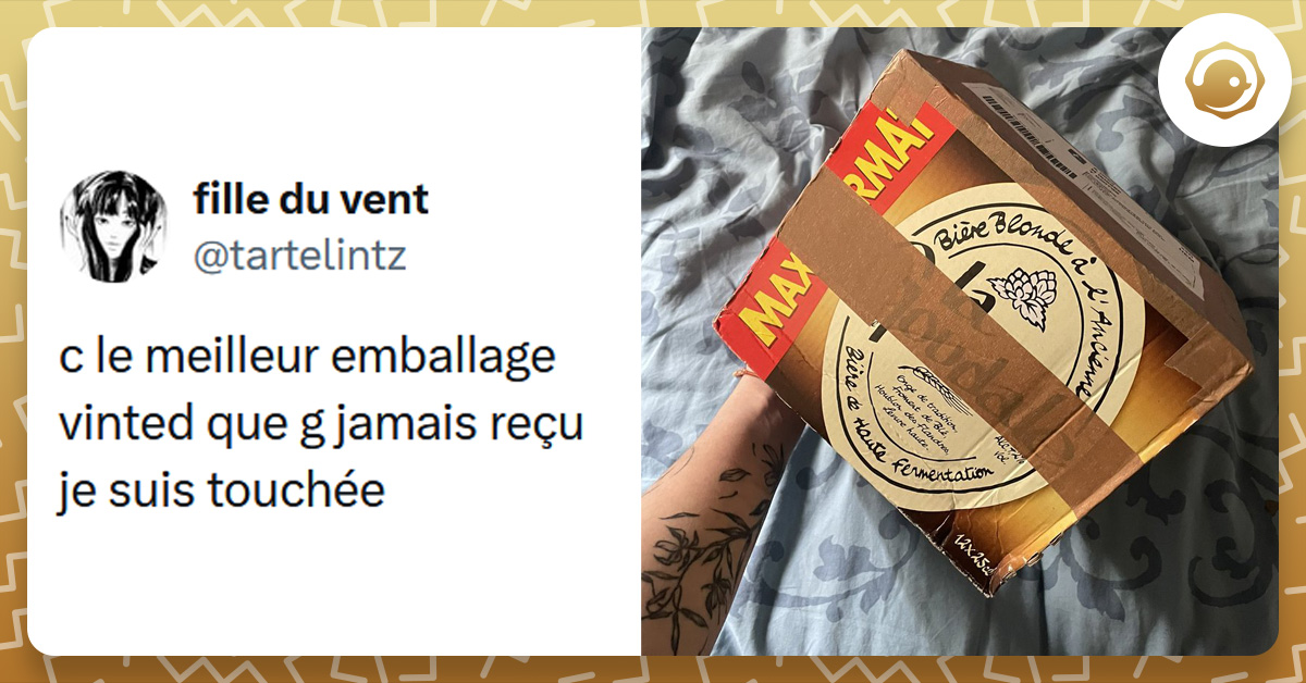 Tweet liseré de jaune de @tartelintz disant "c le meilleur emballage vinted que g jamais reçu je suis touchée" avec une image d'un emballage d'une bière