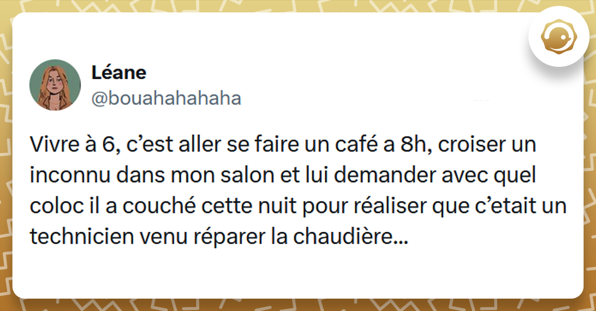 Tweet liseré de jaune de @bouahahahaha disant "Vivre à 6, c’est aller se faire un café a 8h, croiser un inconnu dans mon salon et lui demander avec quel coloc il a couché cette nuit pour réaliser que c’etait un technicien venu réparer la chaudière..."