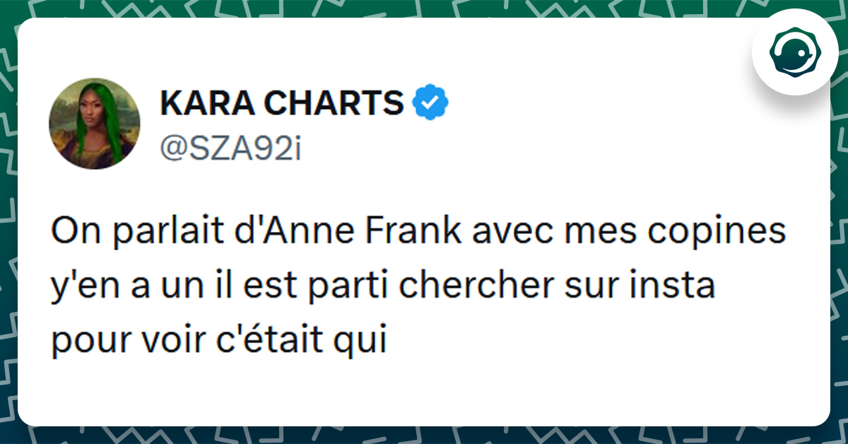 Tweet liseré de vert de @SZA92i disant "On parlait d'Anne Frank avec mes copines y'en a un il est parti chercher sur insta pour voir c'était qui"