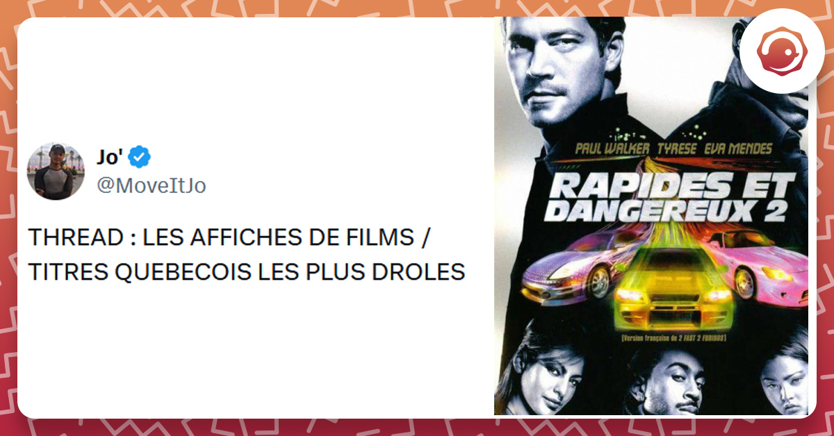 Tweet liseré de rouge de @MoveItJo disant "THREAD : LES AFFICHES DE FILMS / TITRES QUEBECOIS LES PLUS DROLES"