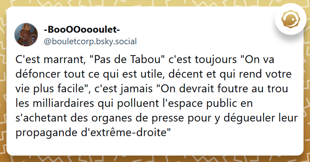 Post liseré de jaune de Boulet disant "C'est marrant, "Pas de Tabou" c'est toujours "On va défoncer tout ce qui est utile, décent et qui rend votre vie plus facile", c'est jamais "On devrait foutre au trou les milliardaires qui polluent l'espace public en s'achetant des organes de presse pour y dégueuler leur propagande d'extrême-droite"