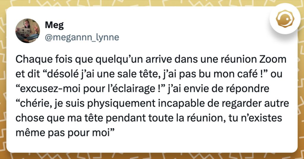 Tweet de @megannn_lynne : "Chaque fois que quelqu’un arrive dans une réunion Zoom et dit “désolé j’ai une sale tête, j’ai pas bu mon café !” ou “excusez-moi pour l’éclairage !” j’ai envie de répondre “chérie, je suis physiquement incapable de regarder autre chose que ma tête pendant toute la réunion, tu n’existes même pas pour moi”"