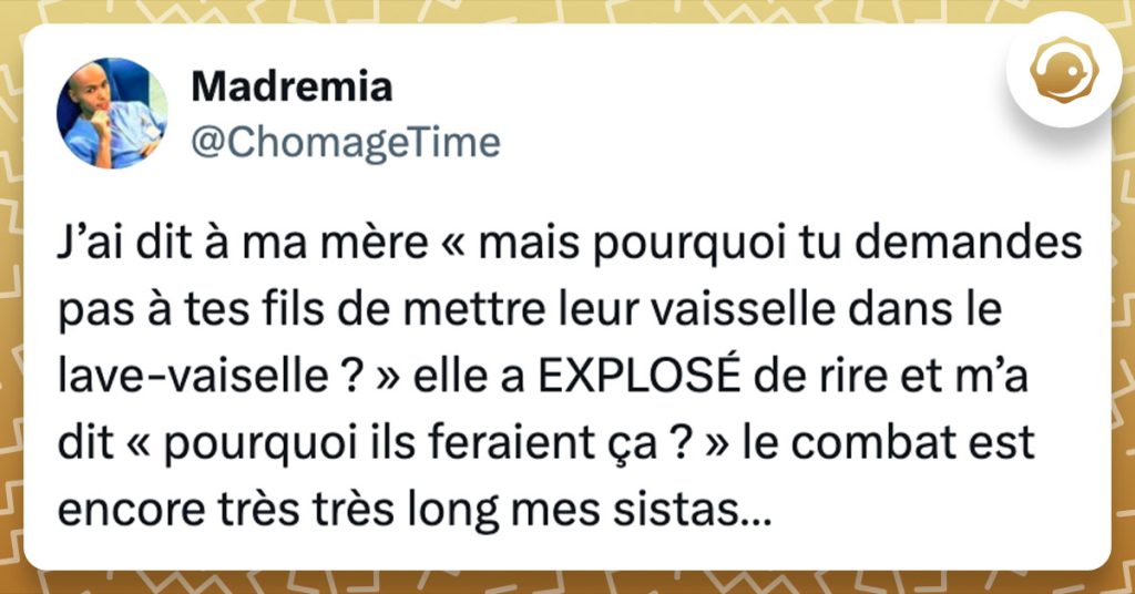 Tweet de @ChomageTime : "J’ai dit à ma mère « mais pourquoi tu demandes pas à tes fils de mettre leur vaisselle dans le lave-vaiselle ? » elle a EXPLOSÉ de rire et m’a dit « pourquoi ils feraient ça ? » le combat est encore très très long mes sistas…"