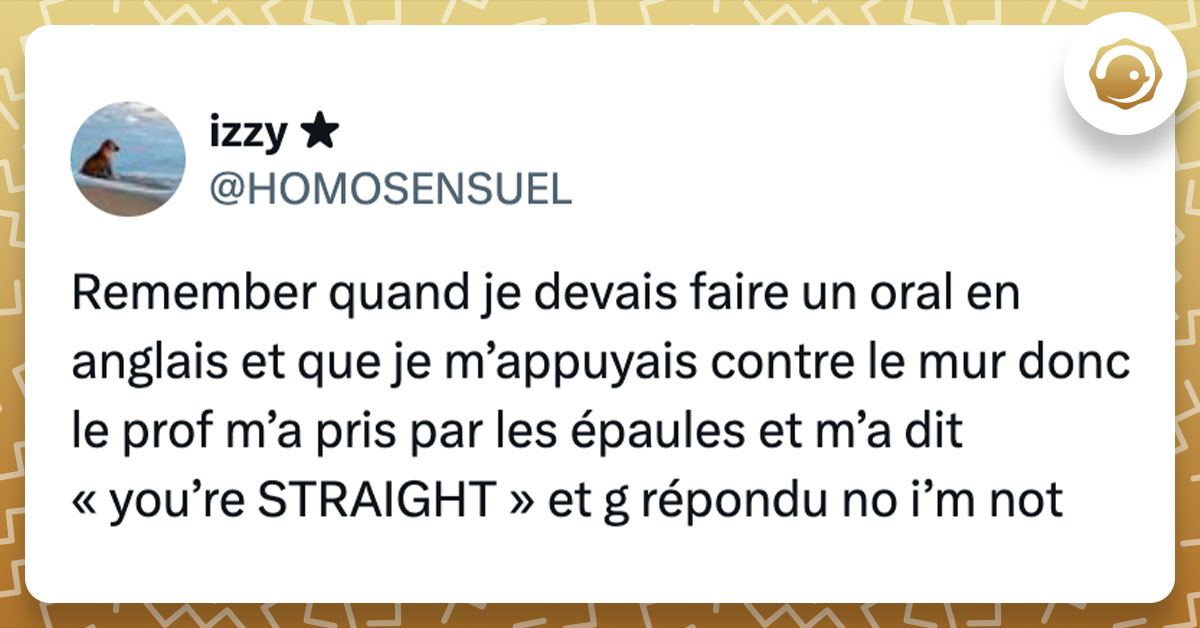 Tweet de @HOMOSENSUEL : "Remember quand je devais faire un oral en anglais et que je m’appuyais contre le mur donc le prof m’a pris par les épaules et m’a dit « you’re STRAIGHT » et g répondu no i’m not"