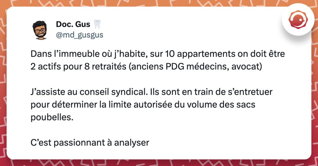 @md_gusgus Dans l’immeuble où j’habite, sur 10 appartements on doit être 2 actifs pour 8 retraités (anciens PDG médecins, avocat) J’assiste au conseil syndical. Ils sont en train de s’entretuer pour déterminer la limite autorisée du volume des sacs poubelles. C’est passionnant à analyser