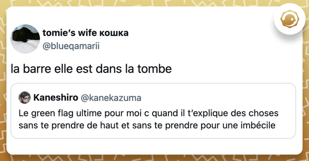 "@kanekazuma Le green flag ultime pour moi c quand il t’explique des choses sans te prendre de haut et sans te prendre pour une imbécile" @blueqamarii la barre elle est dans la tombe