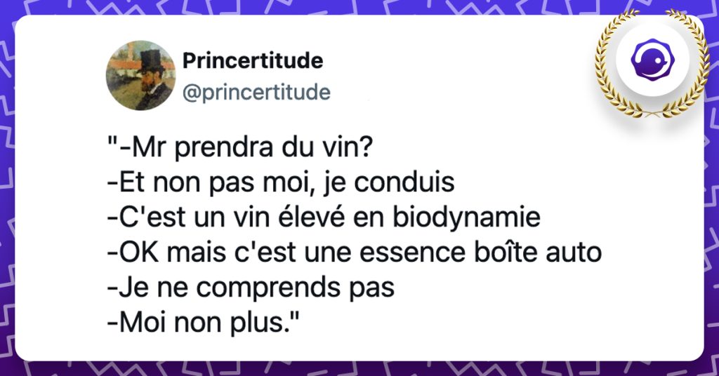 @princertitude "-Mr prendra du vin? -Et non pas moi, je conduis -C'est un vin élevé en biodynamie -OK mais c'est une essence boîte auto -Je ne comprends pas -Moi non plus."