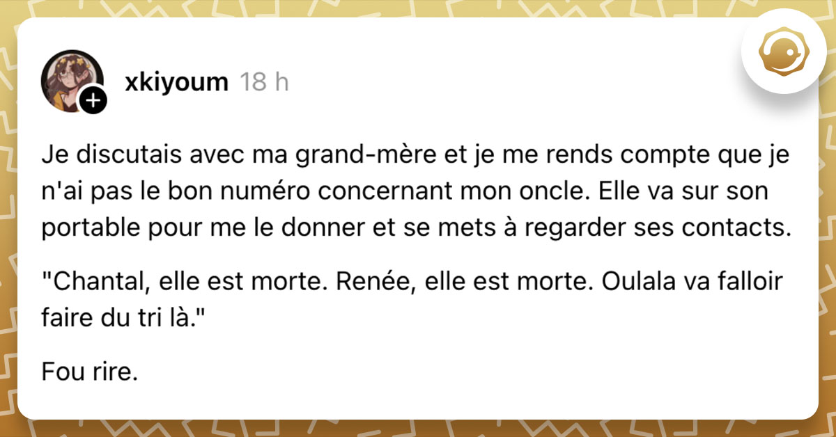 Post de @xkiyoum : "Je discutais avec ma grand-mère et je me rends compte que je n'ai pas le bon numéro concernant mon oncle. Elle va sur son portable pour me le donner et se mets à regarder ses contacts. "Chantal, elle est morte. Renée, elle est morte. Oulala va falloir faire du tri là." Fou rire."