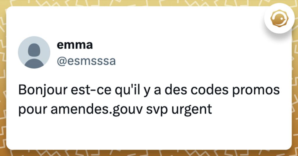 Tweet de @esmsssa : "Bonjour est-ce qu'il y a des codes promos pour amendes.gouv svp urgent"