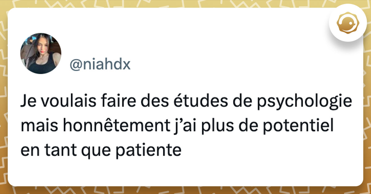 Tweet de @niahdx : "Je voulais faire des études de psychologie mais honnêtement j’ai plus de potentiel en tant que patiente"