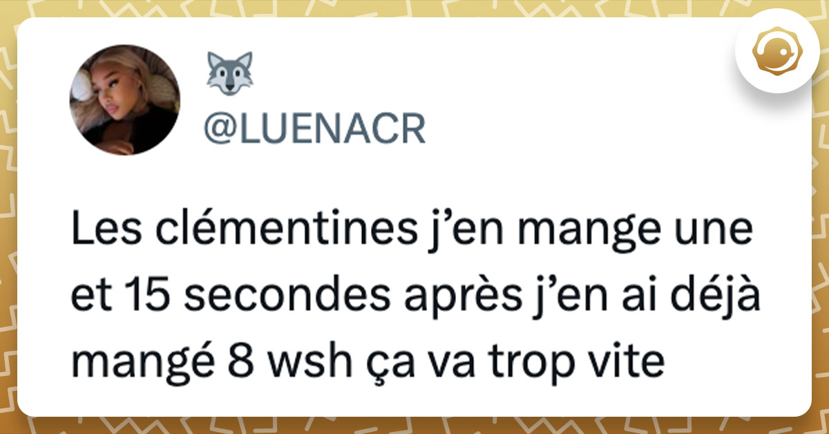 Tweet de @LUENACR : "Les clémentines j’en mange une et 15 secondes après j’en ai déjà mangé 8 wsh ça va trop vite"