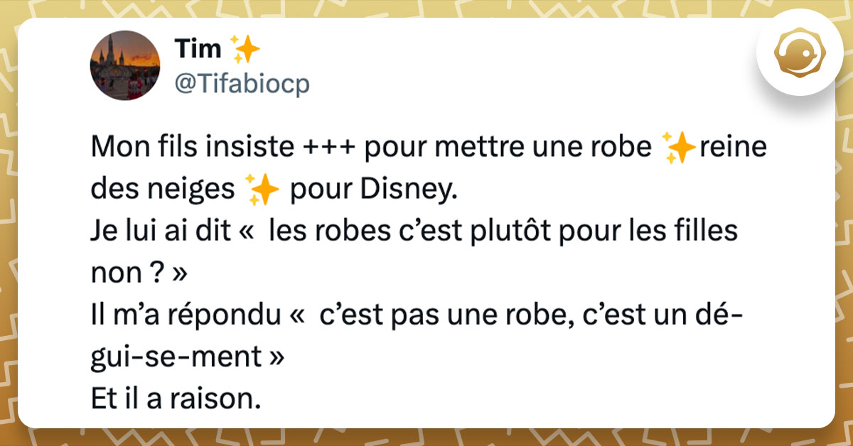 Tweet liseré de jaune de @Tifabiocp disant "Mon fils insiste +++ pour mettre une robe ✨reine des neiges ✨ pour Disney. Je lui ai dit « les robes c’est plutôt pour les filles non ? » Il m’a répondu « c’est pas une robe, c’est un dé-gui-se-ment » Et il a raison."