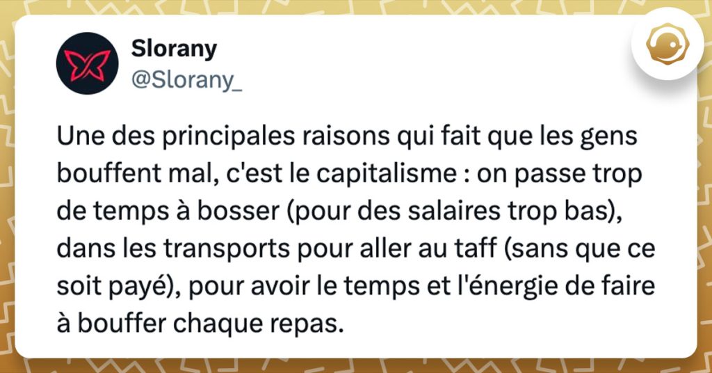 Tweet de @Slorany_ : "Une des principales raisons qui fait que les gens bouffent mal, c'est le capitalisme : on passe trop de temps à bosser (pour des salaires trop bas), dans les transports pour aller au taff (sans que ce soit payé), pour avoir le temps et l'énergie de faire à bouffer chaque repas."