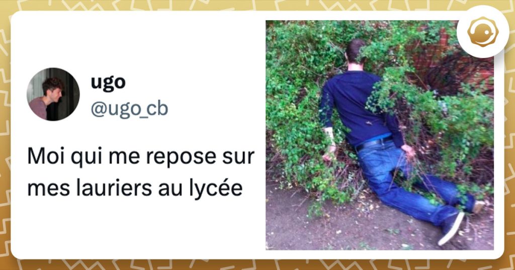 Tweet de @ugo_cb qui dit "Moi qui me repose sur mes lauriers au lycée" avec une photo d'un jeune allongé sur le ventre dans un buisson.