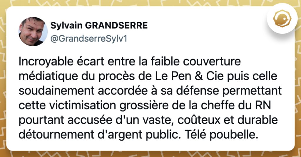 @GrandserreSylv1 Incroyable écart entre la faible couverture médiatique du procès de Le Pen & Cie puis celle soudainement accordée à sa défense permettant cette victimisation grossière de la cheffe du RN pourtant accusée d'un vaste, coûteux et durable détournement d'argent public. Télé poubelle.