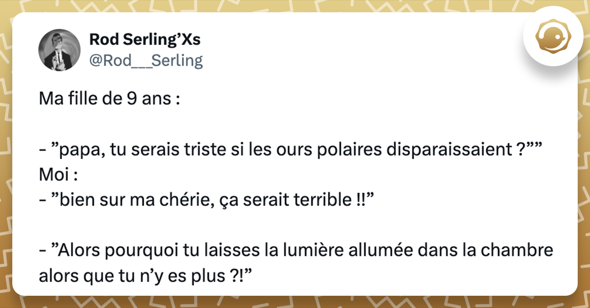 Tweet de @Rod___Serling Ma fille de 9 ans : - ”papa, tu serais triste si les ours polaires disparaissaient ?”” Moi : - ”bien sur ma chérie, ça serait terrible !!” - ”Alors pourquoi tu laisses la lumière allumée dans la chambre alors que tu n’y es plus ?!”