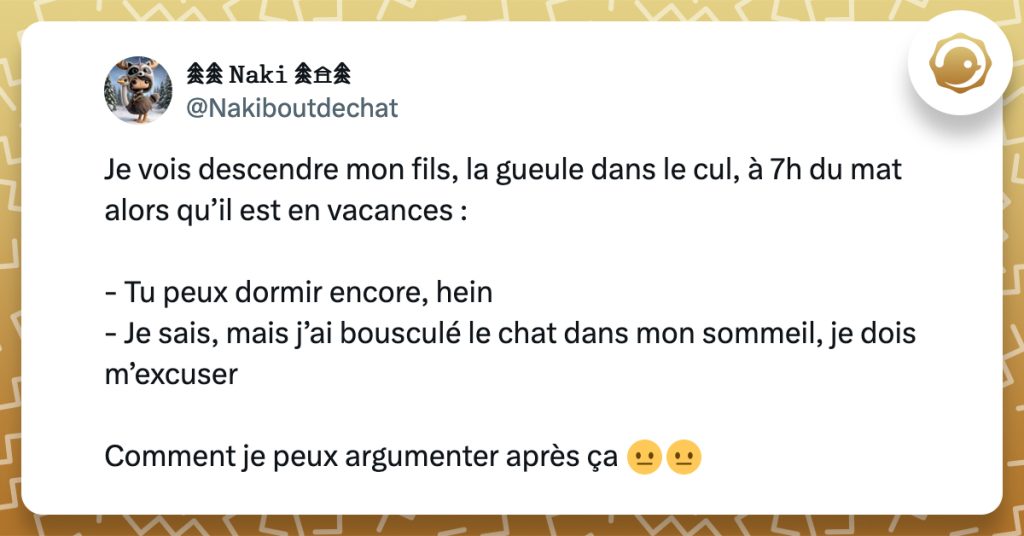 @Nakiboutdechat Je vois descendre mon fils, la gueule dans le cul, à 7h du mat alors qu’il est en vacances : - Tu peux dormir encore, hein - Je sais, mais j’ai bousculé le chat dans mon sommeil, je dois m’excuser Comment je peux argumenter après ça