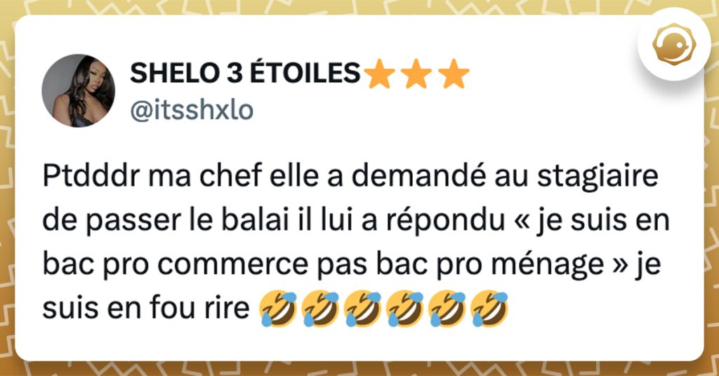 @itsshxlo Ptdddr ma chef elle a demandé au stagiaire de passer le balai il lui a répondu « je suis en bac pro commerce pas bac pro ménage » je suis en fou rire