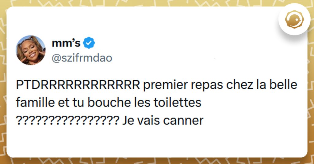 Post liseré de jaune de @szifrmdao disant "PTDRRRRRRRRRRRR premier repas chez la belle famille et tu bouche les toilettes ???????????????? Je vais canner"