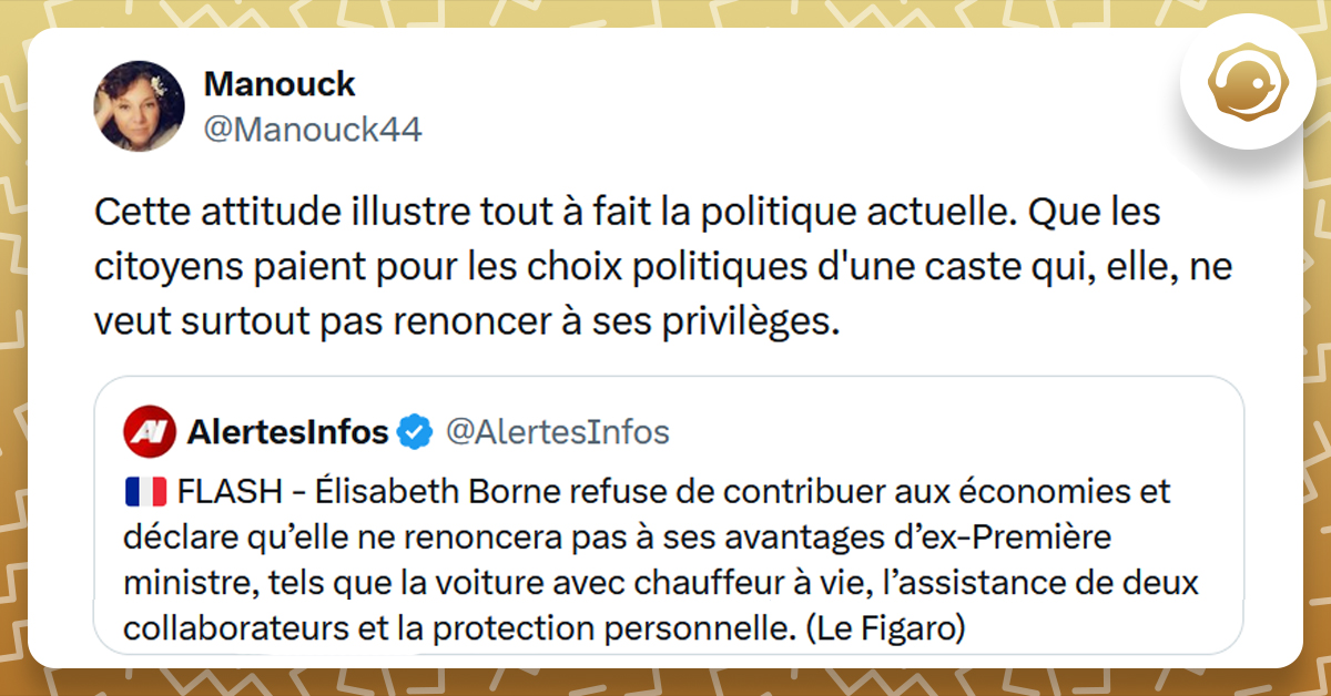 Post liseré de jaune de @AlertesInfos disant "Élisabeth Borne refuse de contribuer aux économies et déclare qu’elle ne renoncera pas à ses avantages d’ex-Première ministre, tels que la voiture avec chauffeur à vie, l’assistance de deux collaborateurs et la protection personnelle. (Le Figaro)". Post de @Manouck44 répondant "Cette attitude illustre tout à fait la politique actuelle. Que les citoyens paient pour les choix politiques d'une caste qui, elle, ne veut surtout pas renoncer à ses privilèges."