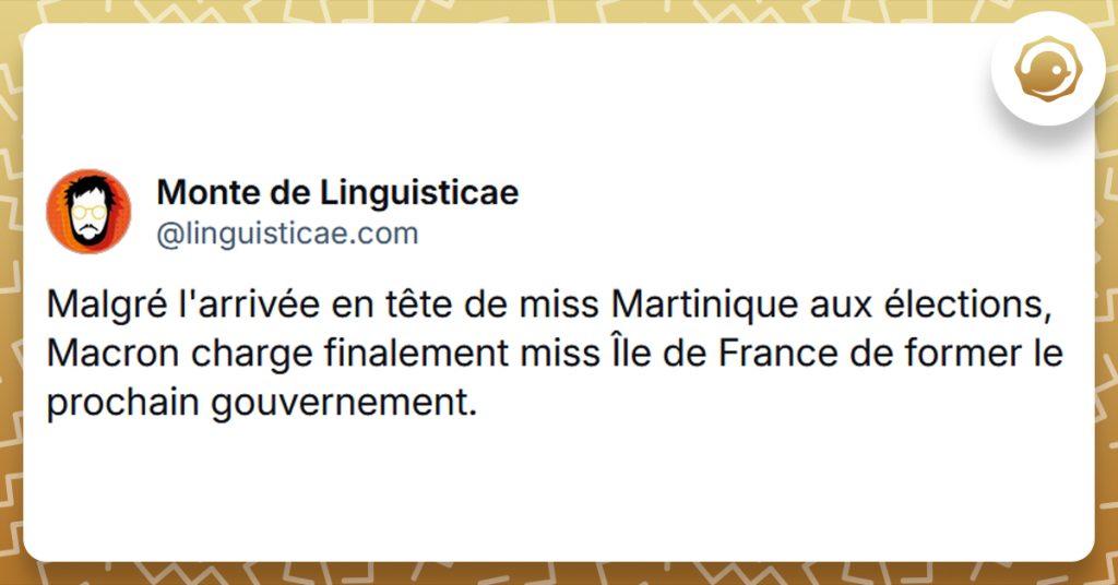 Post liseré de jaune de @linguisticae disant "Malgré l'arrivée en tête de miss Martinique aux élections, Macron charge finalement miss Île de France de former le prochain gouvernement."