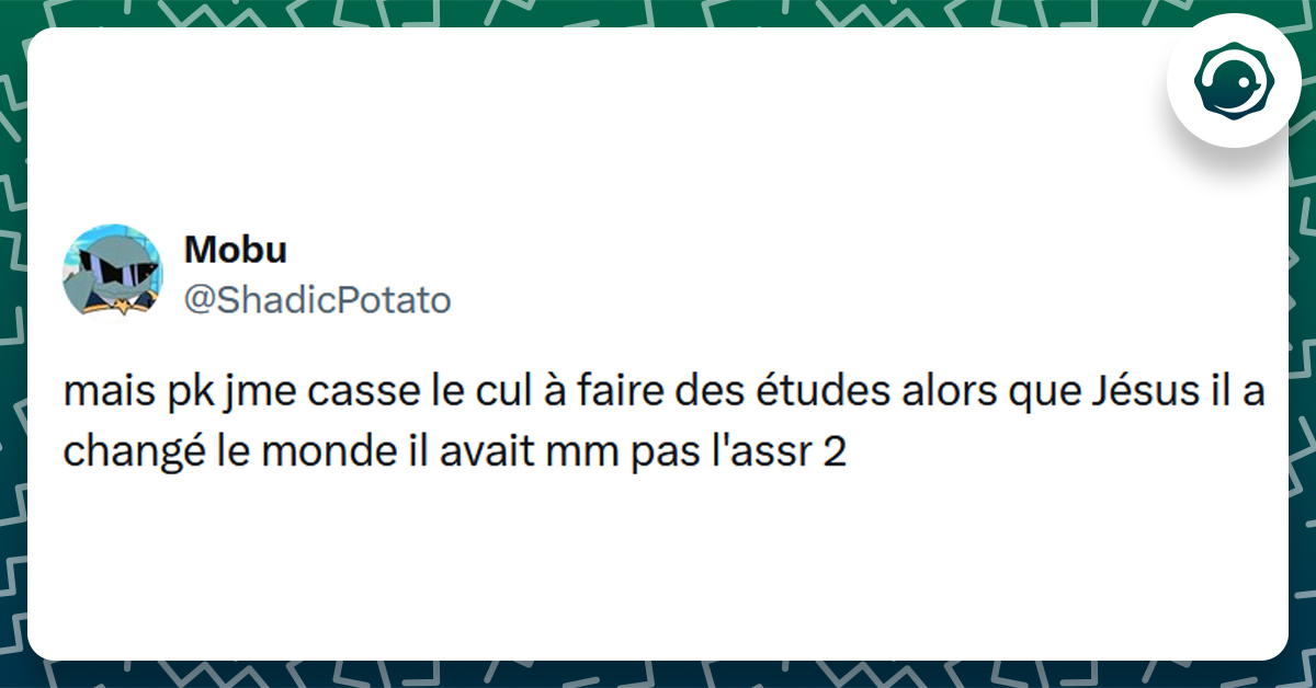 Post liseré de vert de @ShadicPotato disant "mais pk jme casse le cul à faire des études alors que Jésus il a changé le monde il avait mm pas l'assr 2"