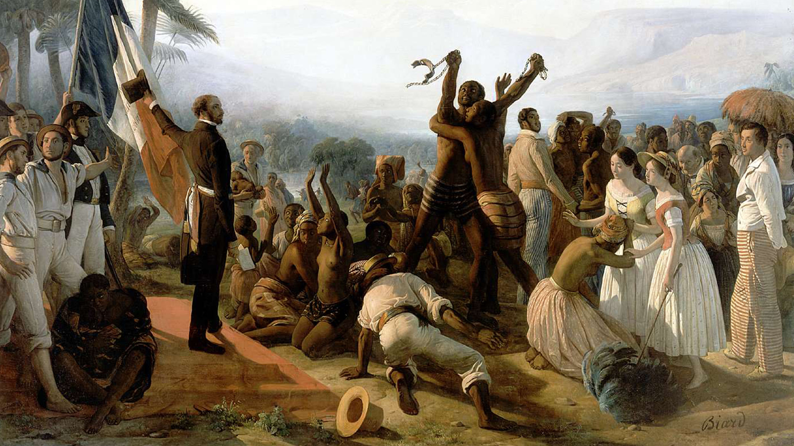 Tableau de François-Auguste Biard représentant l'abolition de l'esclavage dans les colonies françaises.