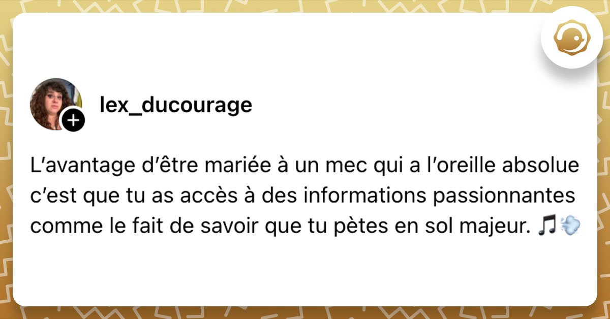 Post de @lex_ducourage : "L’avantage d’être mariée à un mec qui a l’oreille absolue c’est que tu as accès à des informations passionnantes comme le fait de savoir que tu pètes en sol majeur. 🎵💨"