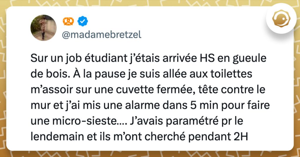 Tweet de @madamebretzel : "Sur un job étudiant j’étais arrivée HS en gueule de bois. À la pause je suis allée aux toilettes m’assoir sur une cuvette fermée, tête contre le mur et j’ai mis une alarme dans 5 min pour faire une micro-sieste…. J’avais paramétré pr le lendemain et ils m’ont cherché pendant 2H"