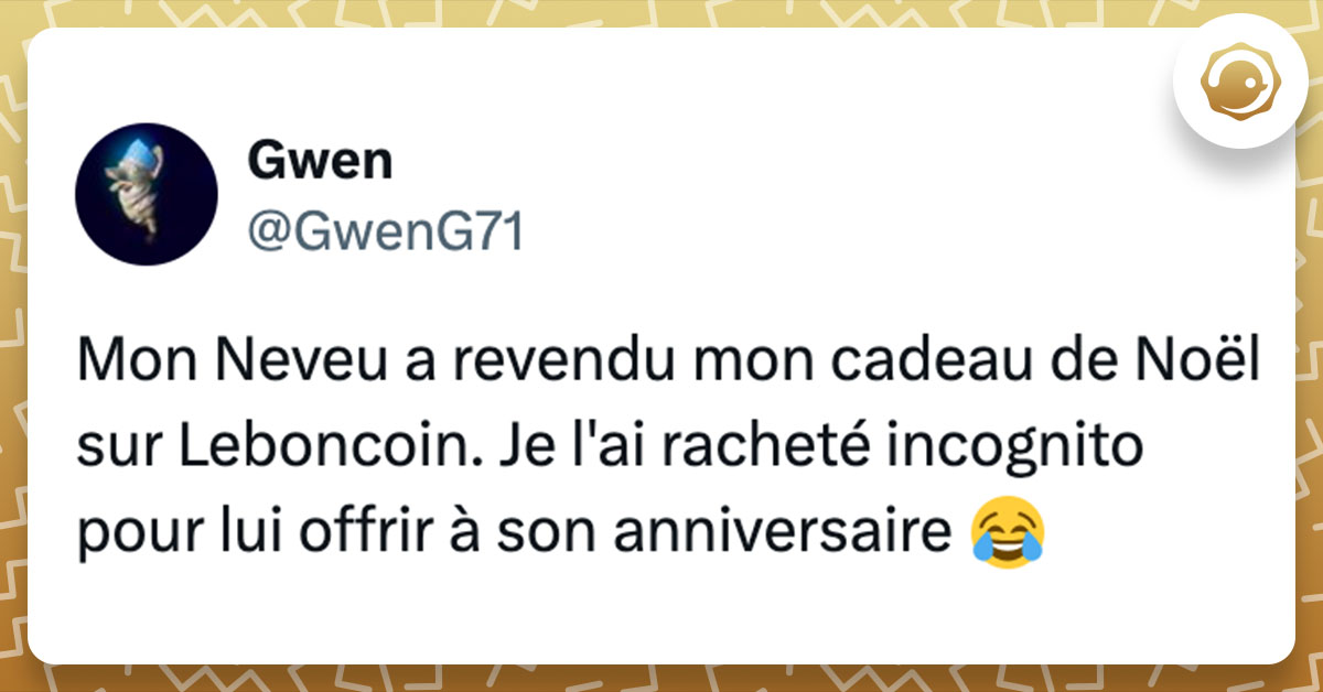 Tweet de @GwenG71 : "Mon Neveu a revendu mon cadeau de No&euml;l sur Leboncoin. Je l'ai rachet&eacute; incognito pour lui offrir &agrave; son anniversaire 😂"