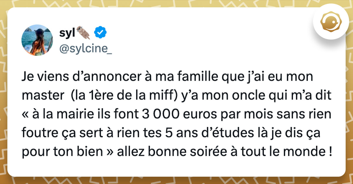 Tweet de @sylcine_ : "Je viens d&rsquo;annoncer &agrave; ma famille que j&rsquo;ai eu mon master (la 1&egrave;re de la miff) y&rsquo;a mon oncle qui m&rsquo;a dit &laquo; &agrave; la mairie ils font 3 000 euros par mois sans rien foutre &ccedil;a sert &agrave; rien tes 5 ans d&rsquo;&eacute;tudes l&agrave; je dis &ccedil;a pour ton bien &raquo; allez bonne soir&eacute;e &agrave; tout le monde !"