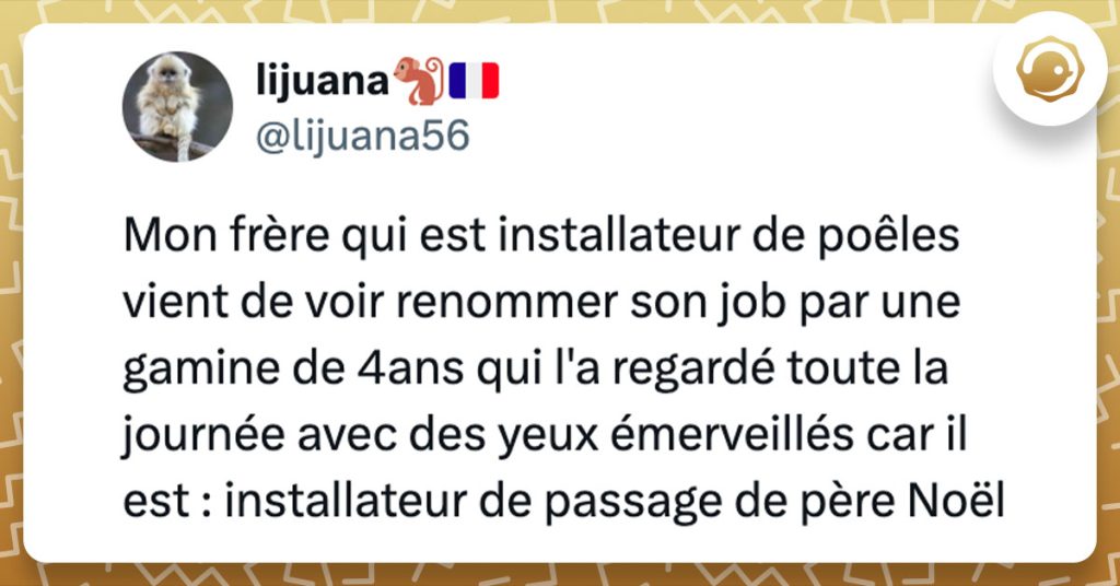 Tweet de @lijuana56 : "Mon frère qui est installateur de poêles vient de voir renommer son job par une gamine de 4ans qui l'a regardé toute la journée avec des yeux émerveillés car il est : installateur de passage de père Noël"