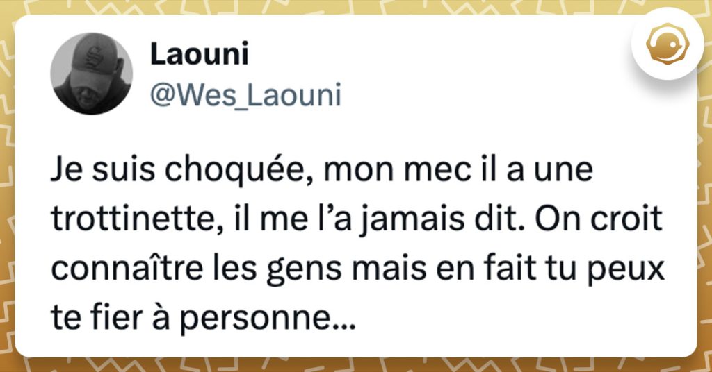 Tweet de @Wes_Laouni : "Je suis choqu&eacute;e, mon mec il a une trottinette, il me l&rsquo;a jamais dit. On croit conna&icirc;tre les gens mais en fait tu peux te fier &agrave; personne..."