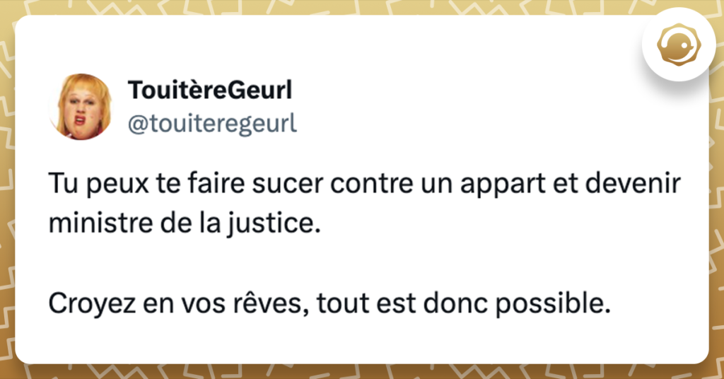 Tweet de @touiteregeurl Tu peux te faire sucer contre un appart et devenir ministre de la justice. Croyez en vos rêves, tout est donc possible.