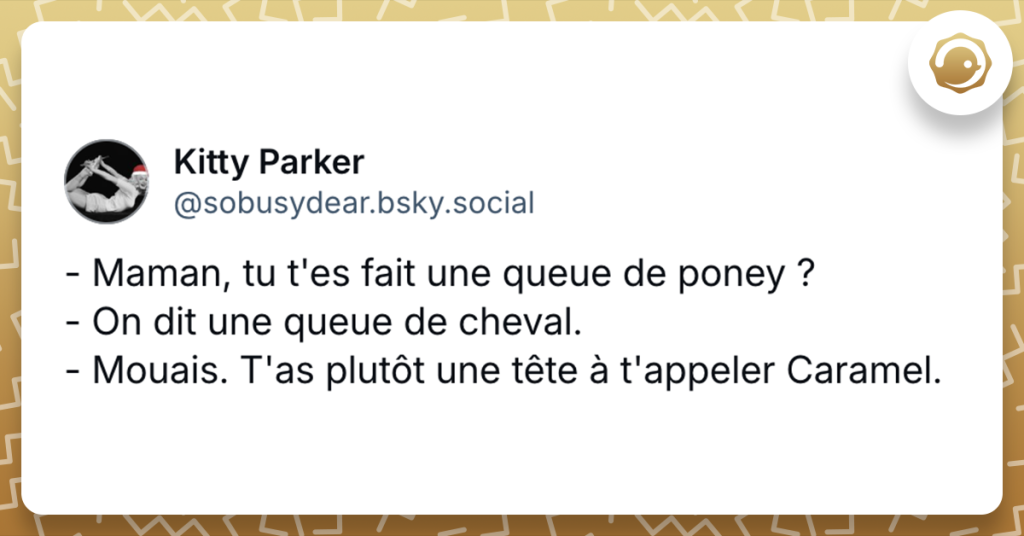 Post de @sobusydear.bsky.social‬ - Maman, tu t'es fait une queue de poney ? - On dit une queue de cheval. - Mouais. T'as plutôt une tête à t'appeler Caramel.