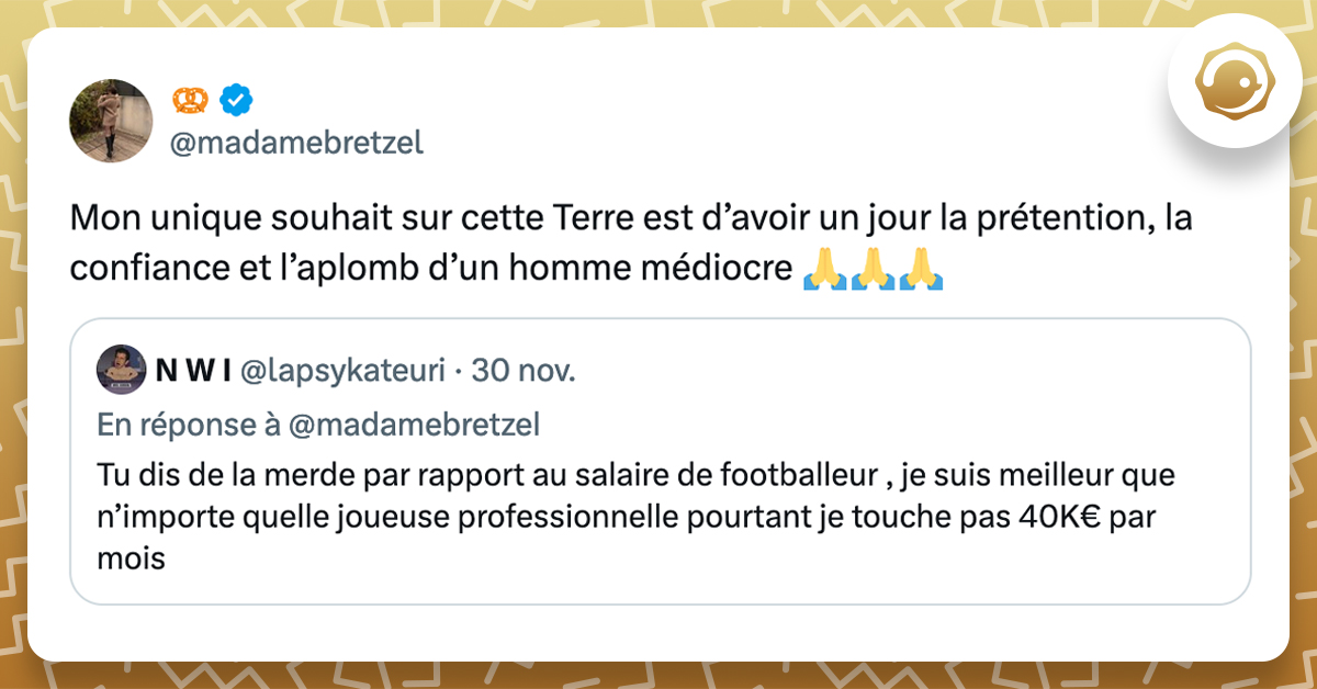 @madamebretzel Mon unique souhait sur cette Terre est d’avoir un jour la prétention, la confiance et l’aplomb d’un homme médiocre